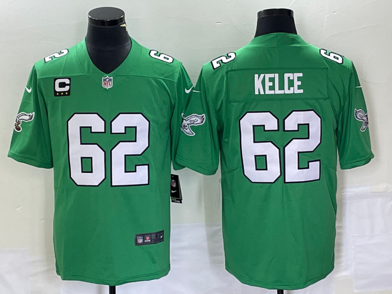 Philadelphia Eagles #62 Jason Kelce Green Vapor Limited With C Patch Stitched Football Jersey